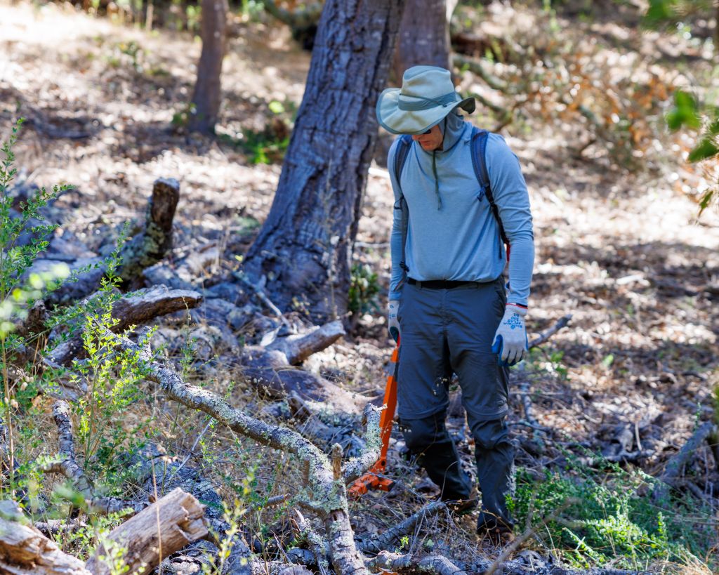 A volunteer clearing brush on a GGNRA park trail